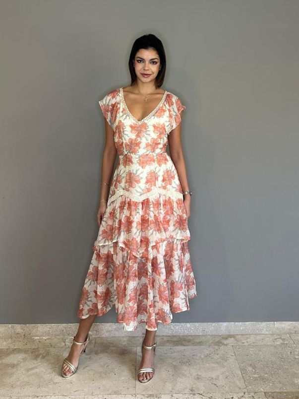 Vestido Flores Coral Beige By Together